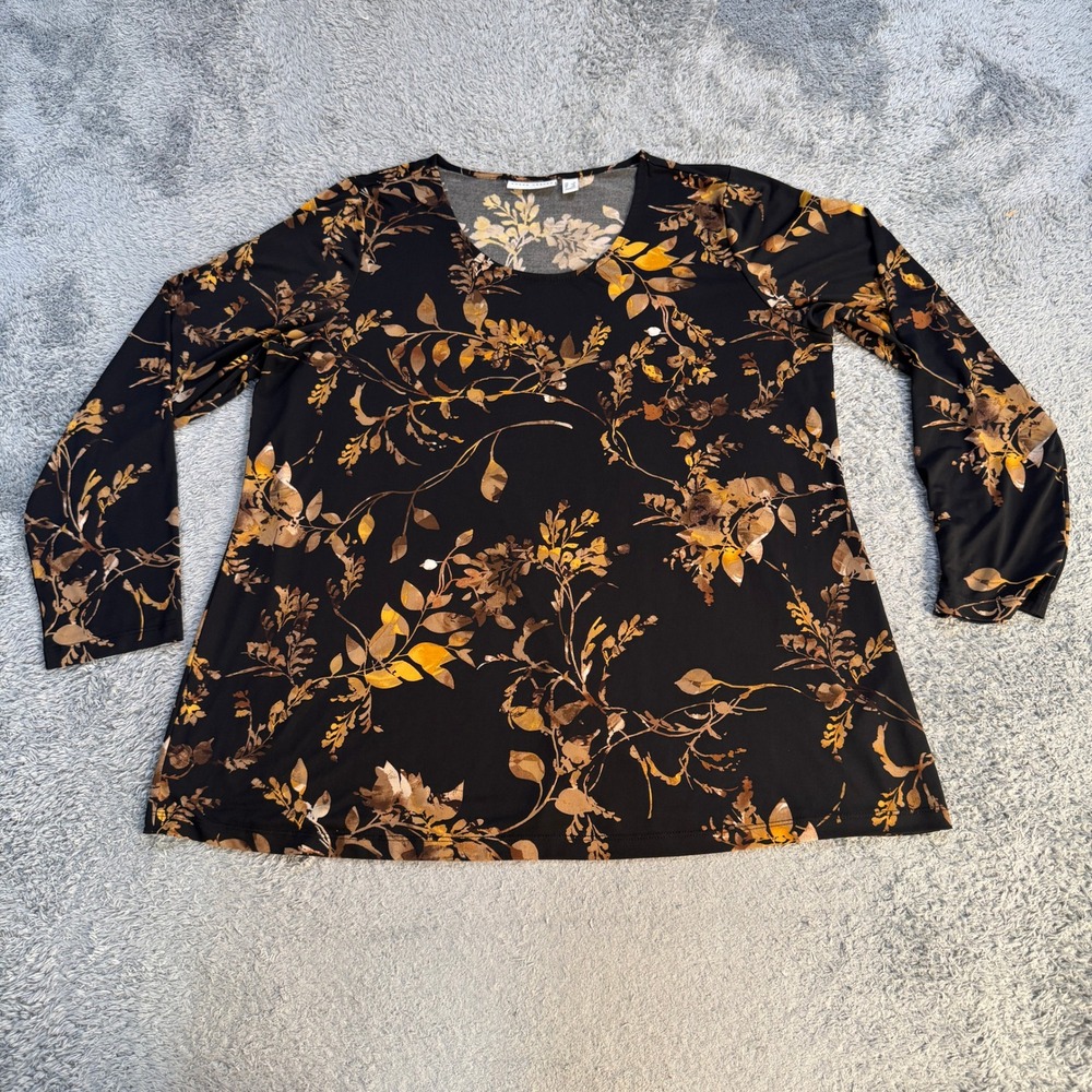 Susan Graver Womens Liquid Knit Long Sleeve Top 1X Black Gold Floral